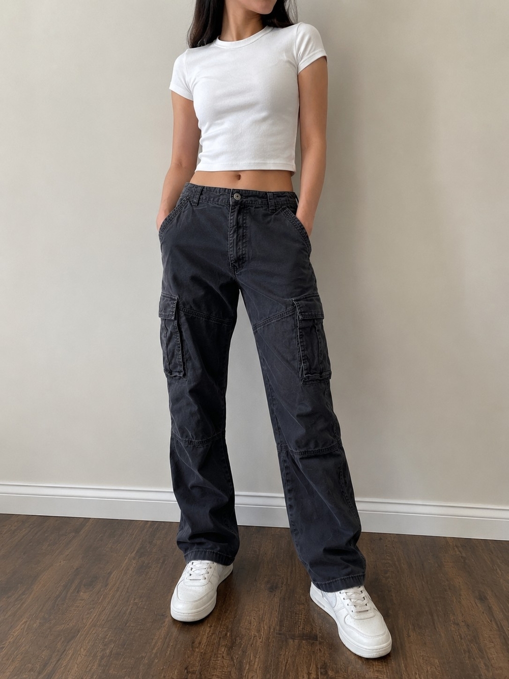 Wrangler Women's Black Cargo Pants Utility Straight Leg Casual Cotton Stretch